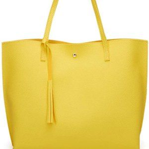Bright Yellow Faux Leather Soft Tote Bag with Tassel